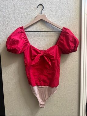 Amanda Uprichard Red Puff-Sleeve Tie-Front Thong Bodysuit Small